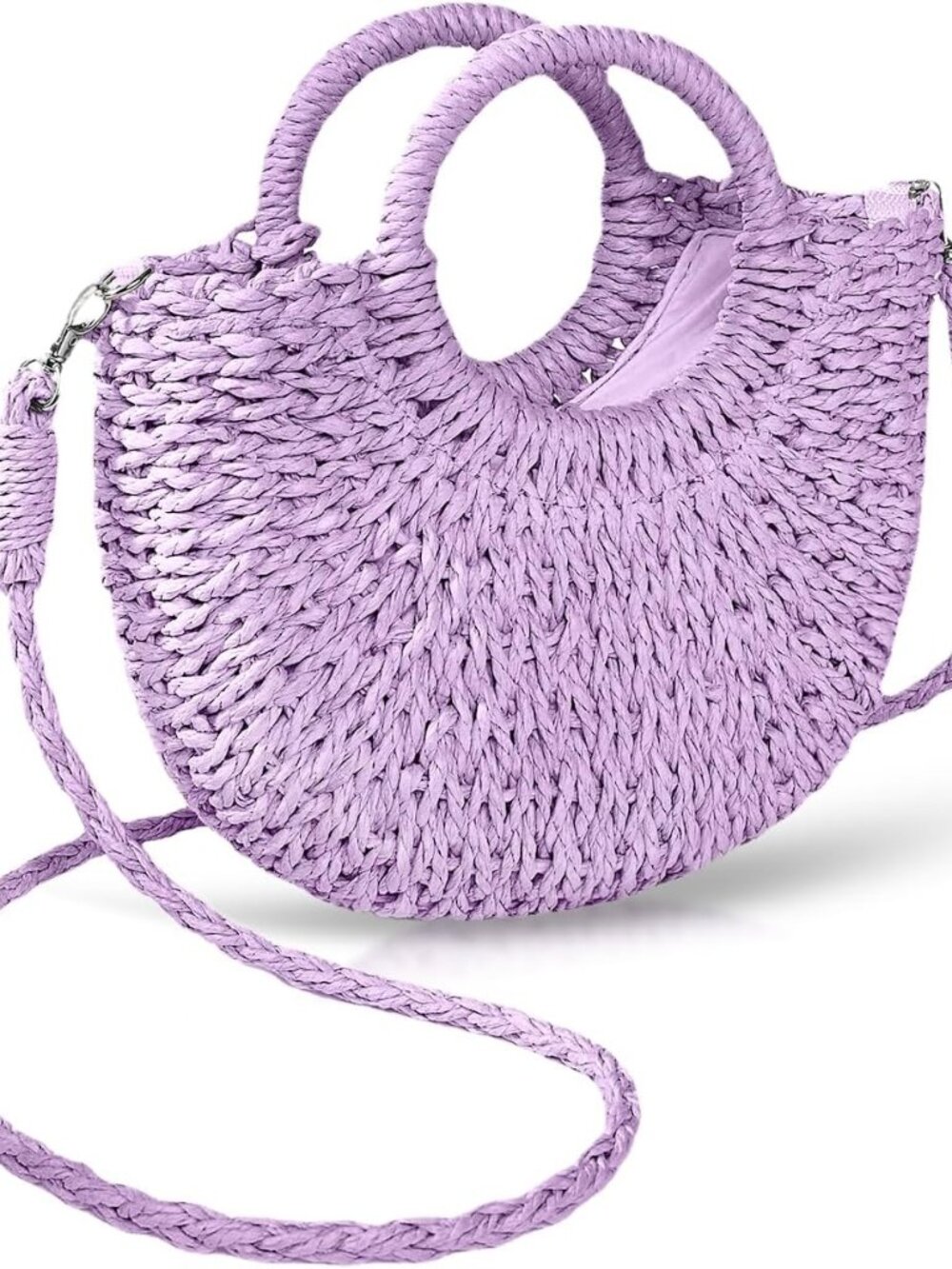 Mini Semi-circle Rattan Straw Bag, Hand-woven Women Summer Retro Beach Tote Shou